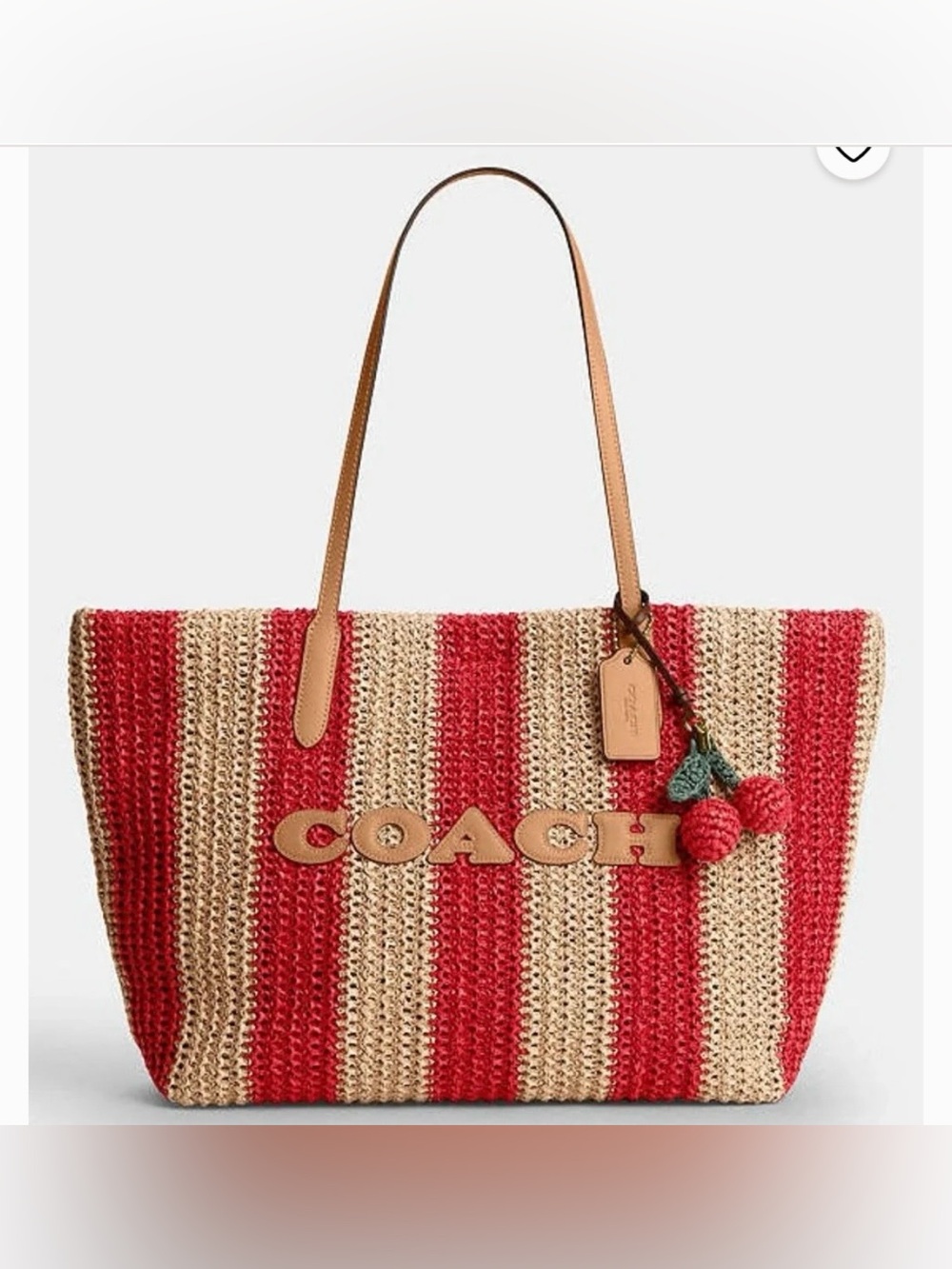 NWT COACH THE CITY TOTE BAG RED/TAN Striped Straw Tote Leather Logo, Handles.